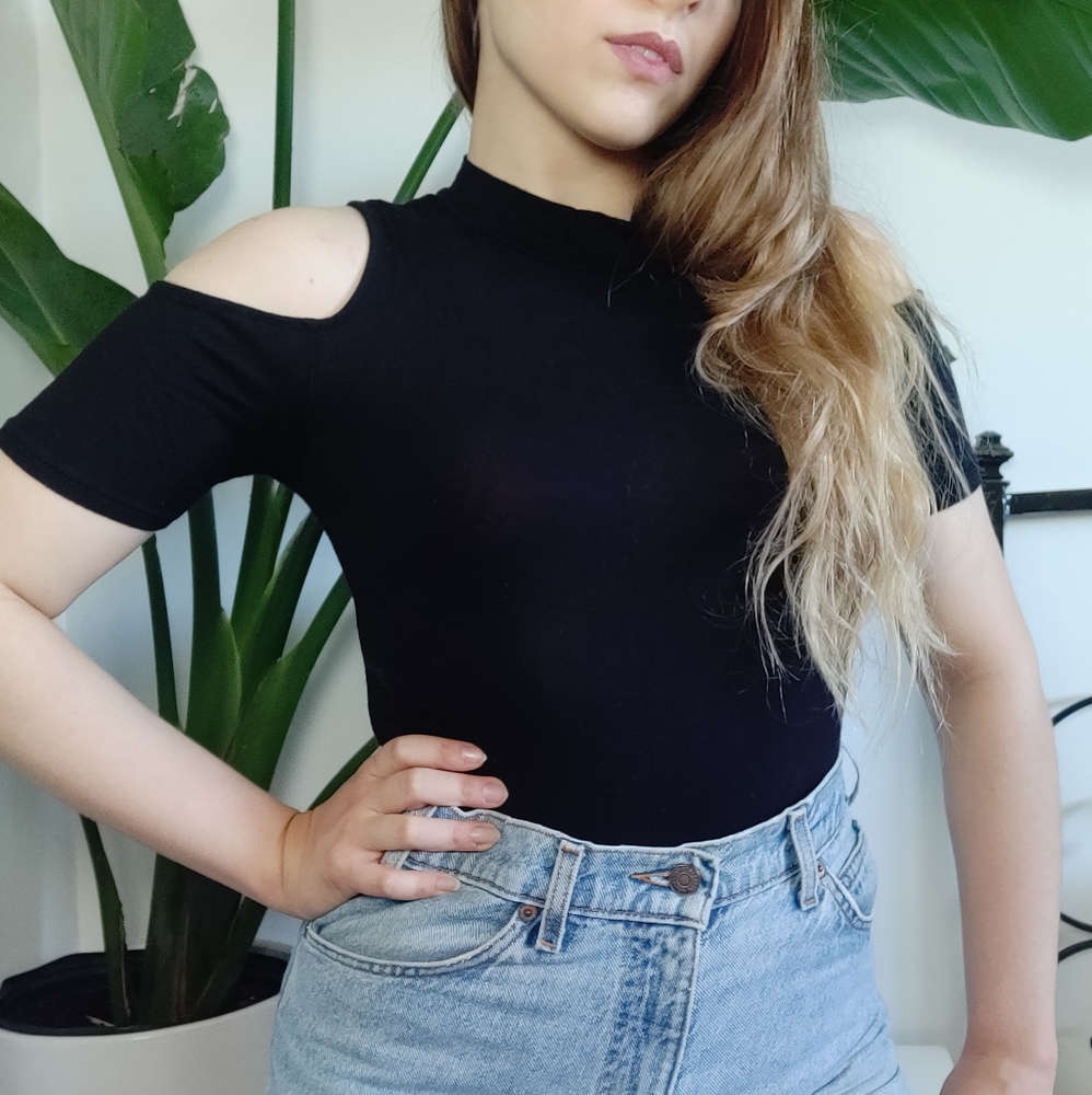 Black Cold Shoulder Mock Neck Bodysuit